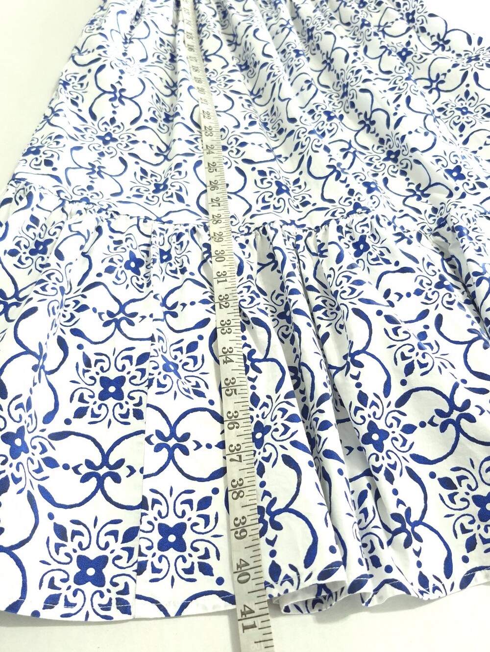 J.CREW Tile Print Midi Sundress Size 10 Blue White Cotton Smocked Tiered Pockets - Picture 13 of 16